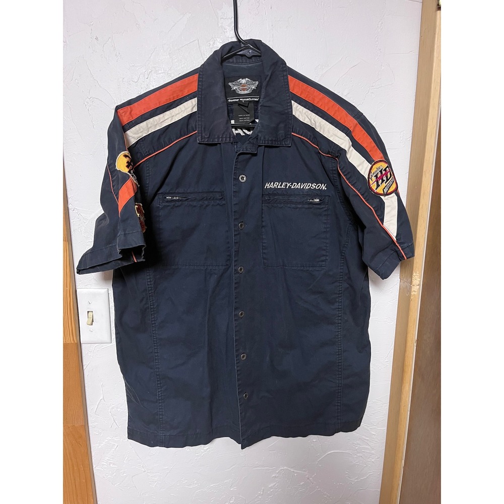 Harley Davidson Mens Short Sleeve Work Shirt‎ Black Orange White Stripes Size L